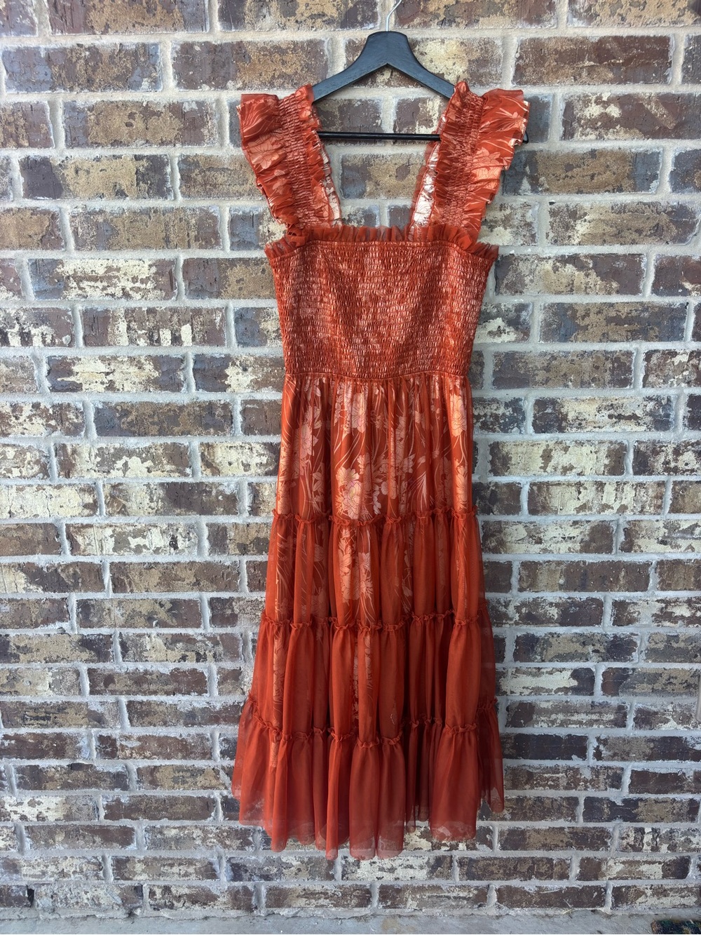 Gorgeous Baltic Born Terracotta Floral Midi Dress Smocked Ruffle Tiered Boho - Picture 2 of 11